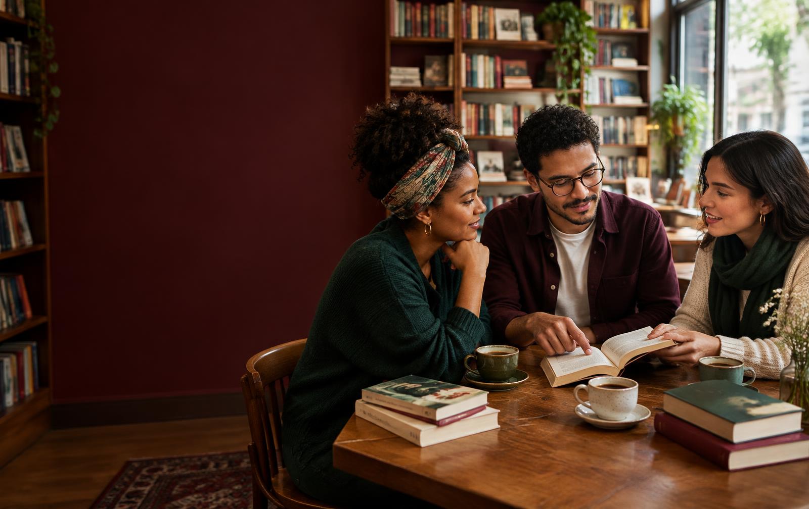 Amigos reunidos em uma livraria compartilhando a leitura de um livro
